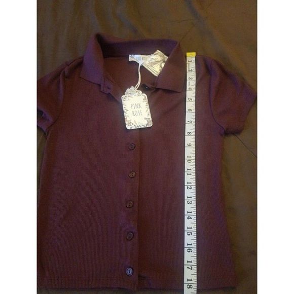 Pink Rose Womens Ribbed Short Sleeve Cropped Top Blouse Collar Button Size Small - Picture 12 of 12